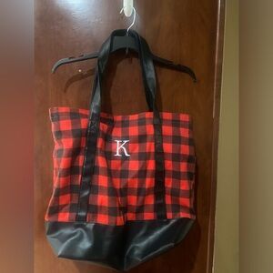 Monogrammed Red Buffalo Check Tote Bag with Black Trim